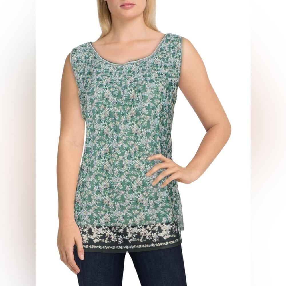 MAX Studio Green Floral Mesh Pullover Top Large